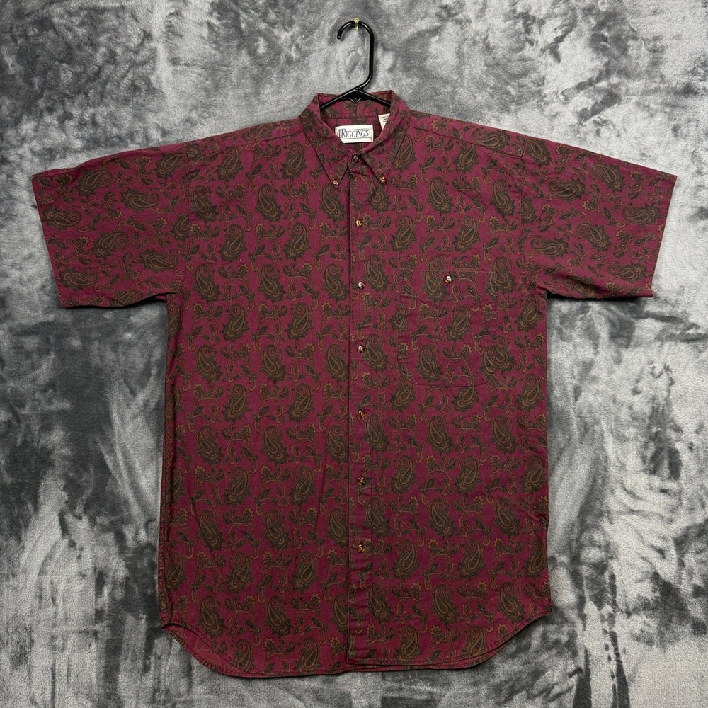 J. Riggins Button Down Shirt Mens Size M Burgundy Paisley Short Sleeve Cotton